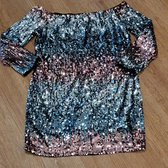 SHEIN | Dresses | Shein Ombre Sequin Long Sleeve Off Shoulder Lined Mini  Dress Misses 2 Xl | Poshmark